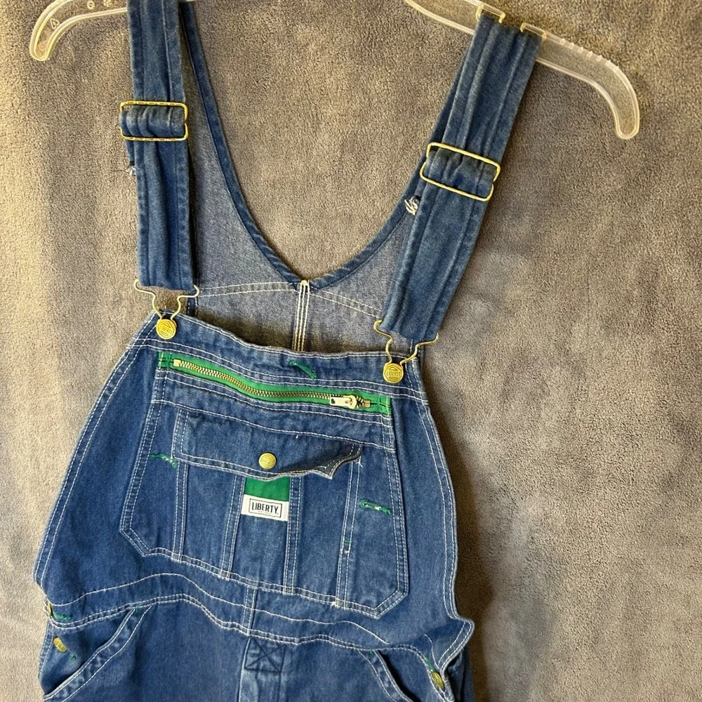 Liberty Mens 32W Blue Denim Bib Overalls Green Zipper Workwear Carpenter Pants